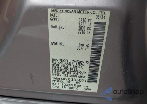 2015 Nissan Altima 2.5 S from USA, damaged, VIN 1N4AL3AP2FC106021